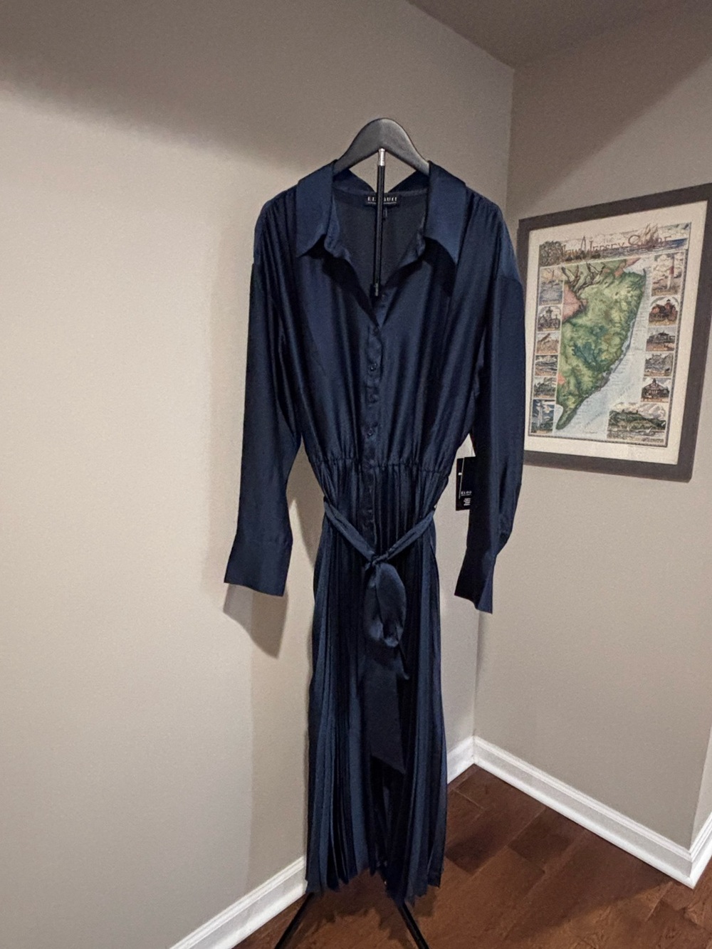 Navy Long-Sleeve Pleated Shirt Dress with Tie Waist